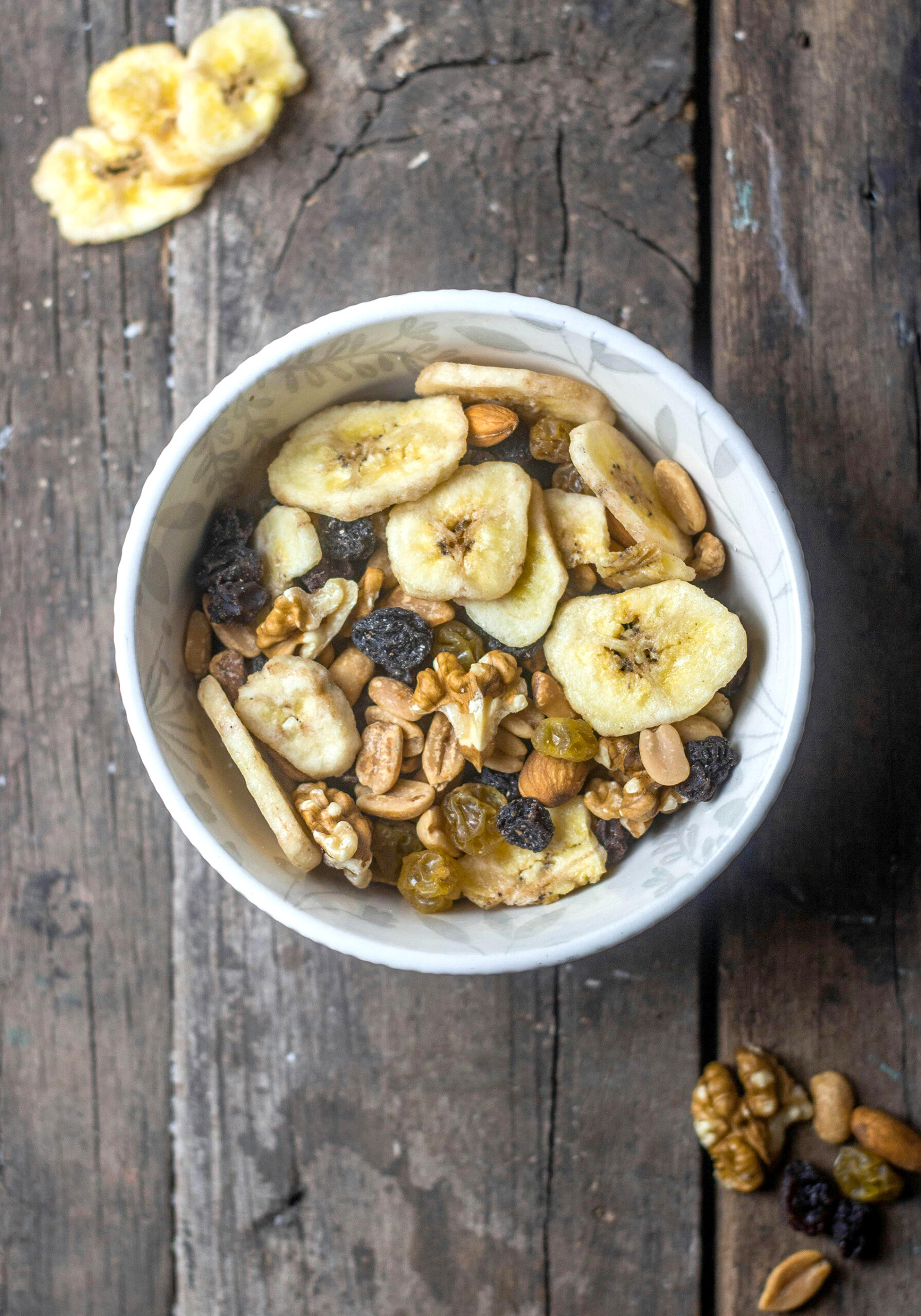 Homemade Trail Mix with Dried Bananas, Nuts, and Raisins